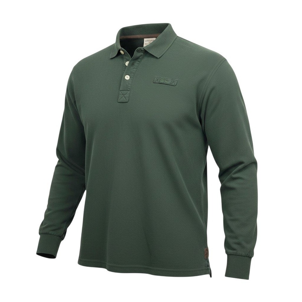 Orvis Mens Long Sleeve Polo Shirt Large Green Pique Cotton Outdoor Fly Fishing